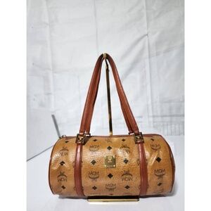 Authentic MCM Vintage Visetos Coated Canvas and Leather Barrel Bag Cognac